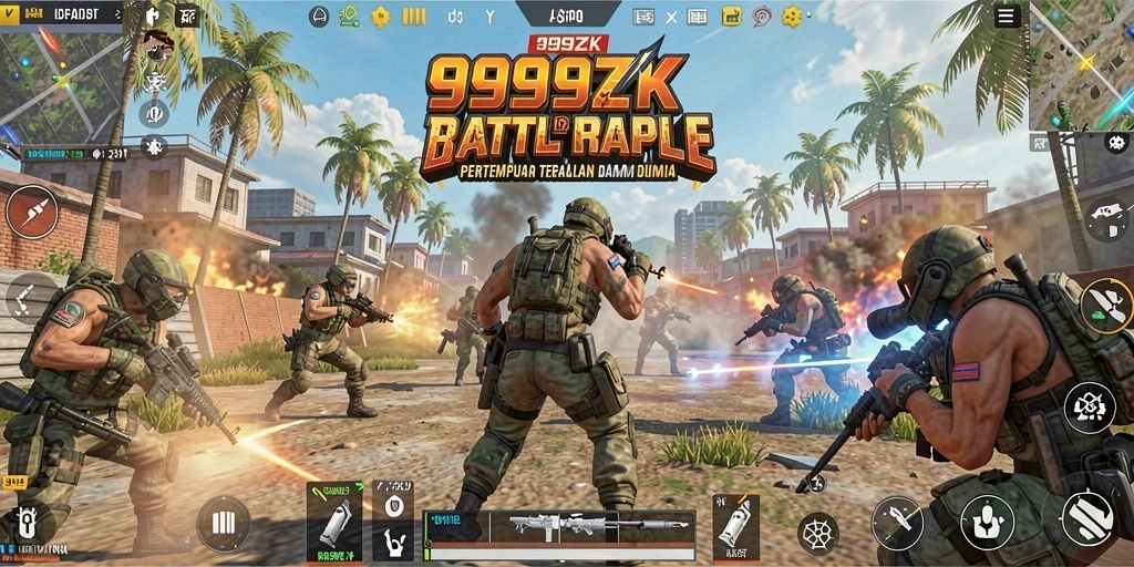 Screenshot gameplay 999ZK menunjukkan pertempuran intens di arena Battle Royale.