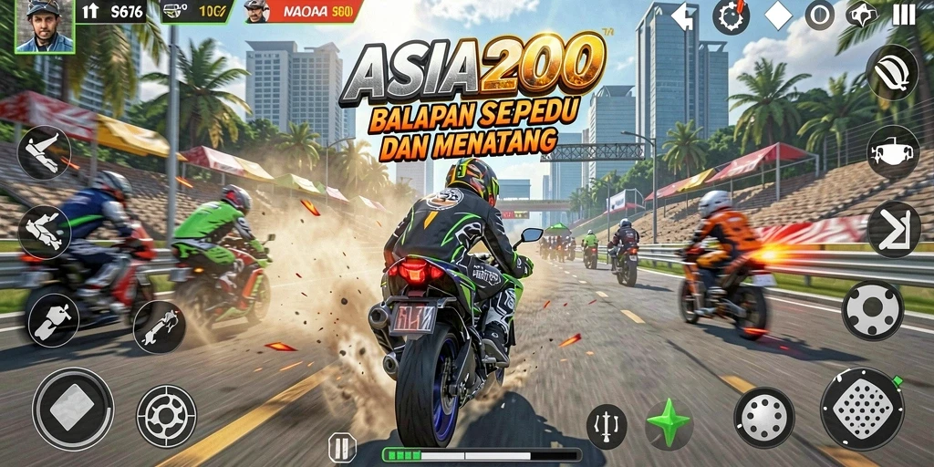 Tampilan gameplay ASIA200 yang menegangkan dalam balapan sepeda motor.