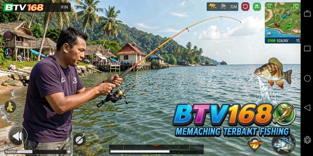 Screenshot BTV168 menampilkan momen seru saat memancing ikan besar.