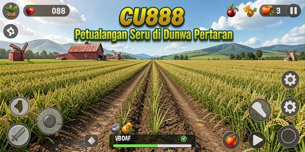 Screenshot CU888 menampilkan pemain yang sedang bertani dengan pemandangan indah.