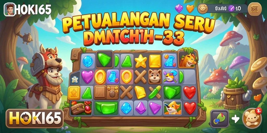 Screenshot HOKI65 menampilkan aksi mencocokkan batu berwarna-warni.