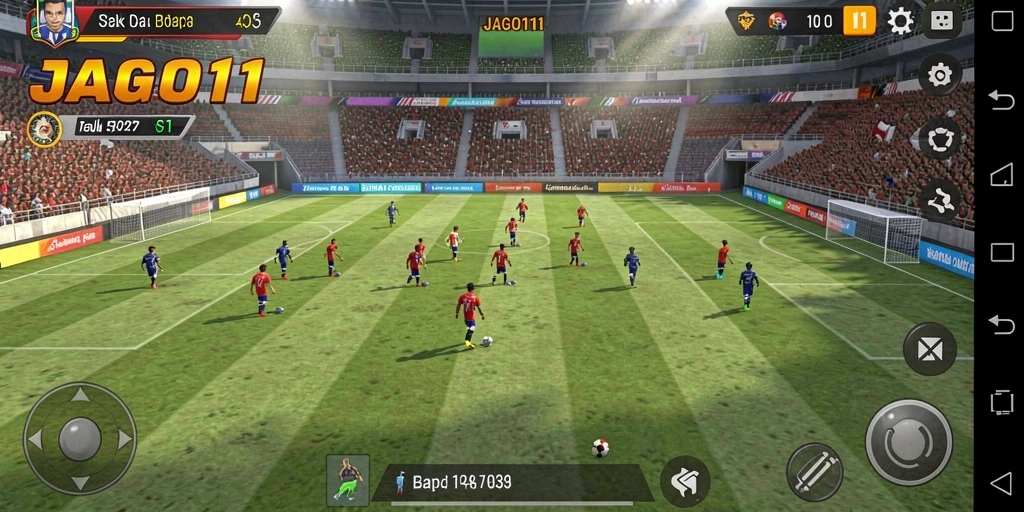 Tampilan gameplay JAGO11 dengan aksi sepak bola yang menegangkan.