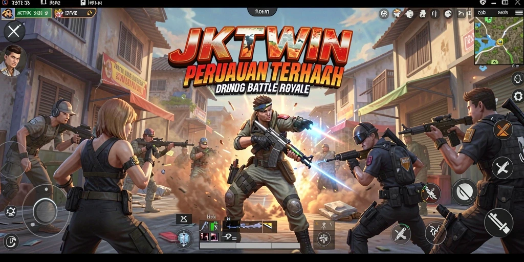Tangkapan layar utama JKTWIN menampilkan aksi seru dalam pertarungan Battle Royale.