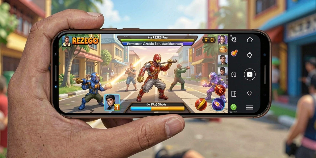 Tampilan gameplay REZEGO yang futuristik dan penuh warna.