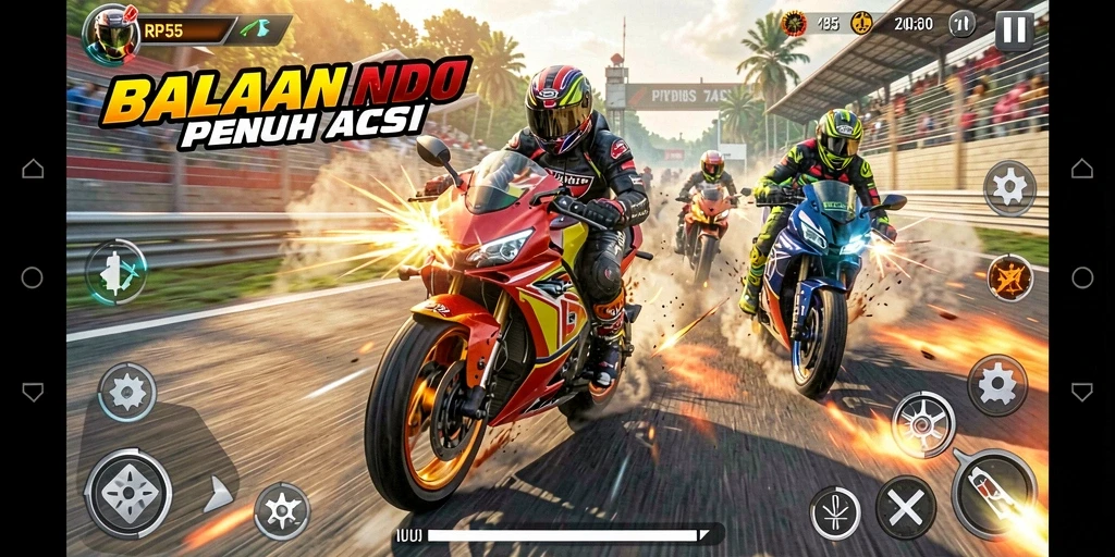 Screenshot menunjukkan aksi balapan motor yang intens dan cepat.