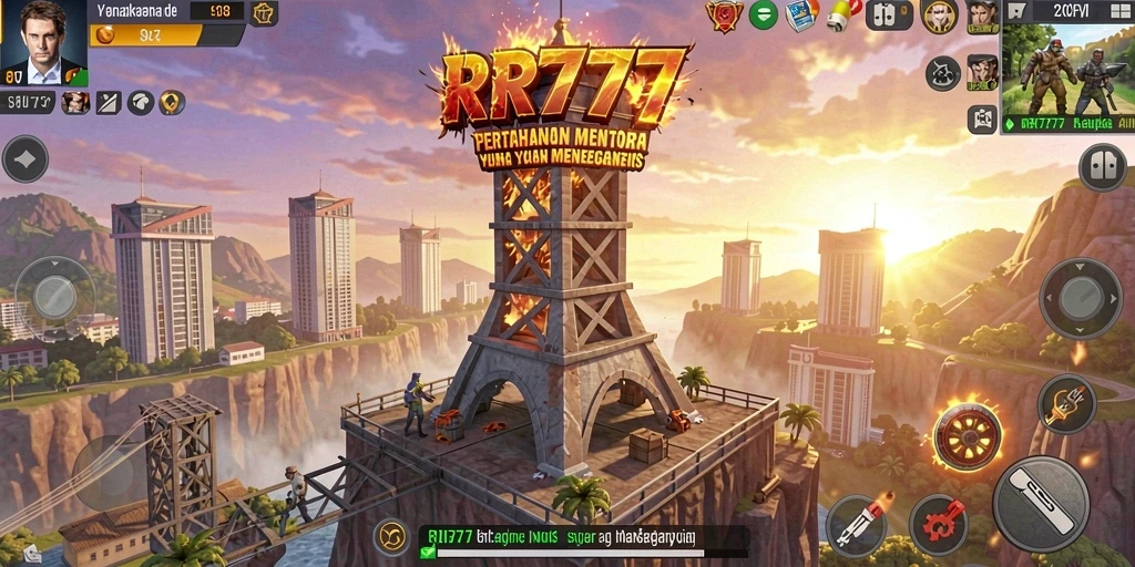 Screenshot gameplay mendebarkan dari RR777 yang menunjukkan pertahanan menara yang strategis.