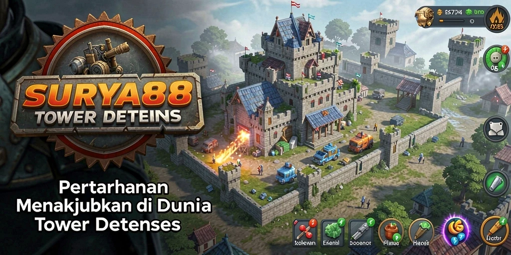 Screenshot gameplay SURYA88 menampilkan menara yang menangkal gelombang musuh.