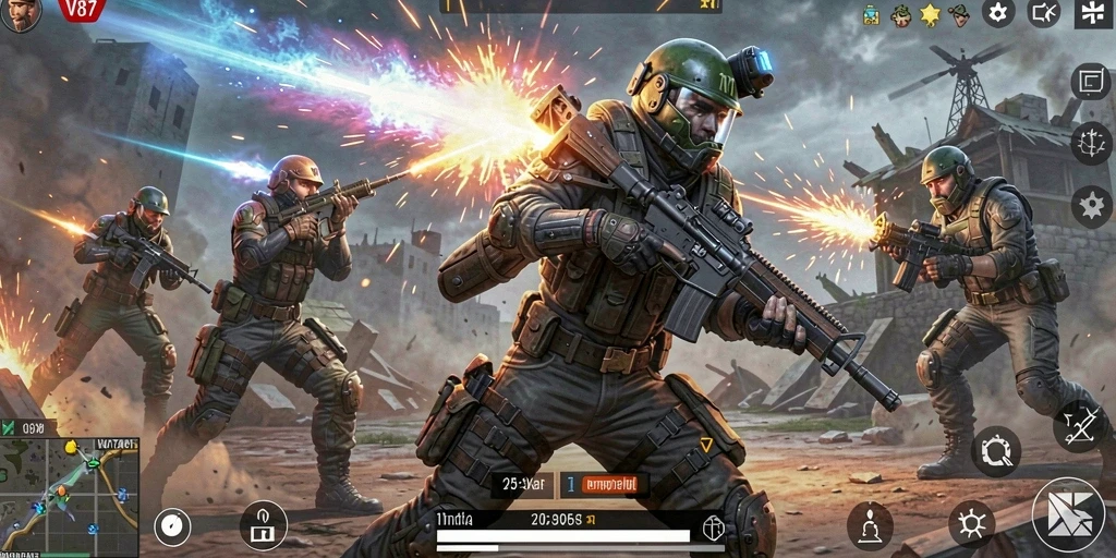 Screenshot V87 menunjukkan aksi seru dalam pertempuran Battle Royale.