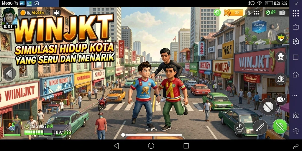 Tampilan gameplay WINJKT yang menampilkan kota yang dinamis.